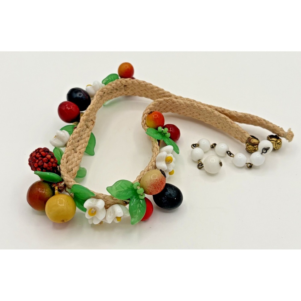 Vintage Woven Raffia Glass Fruit Salad Floral Collar Necklace Tutti Frutti READ